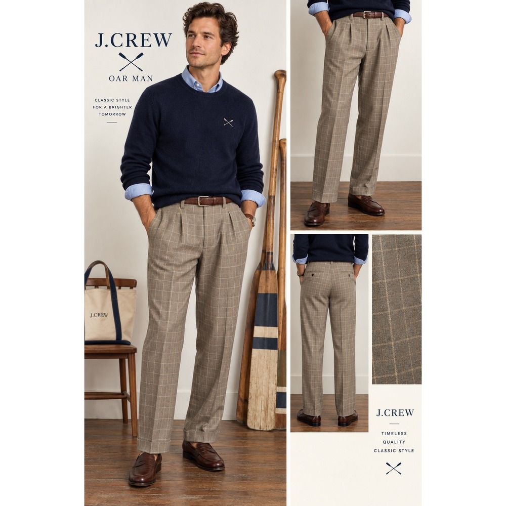Vintage 90s J.Crew Oar Man Mens Glen Plaid Wool Pleated Trousers Cuffed 32×29